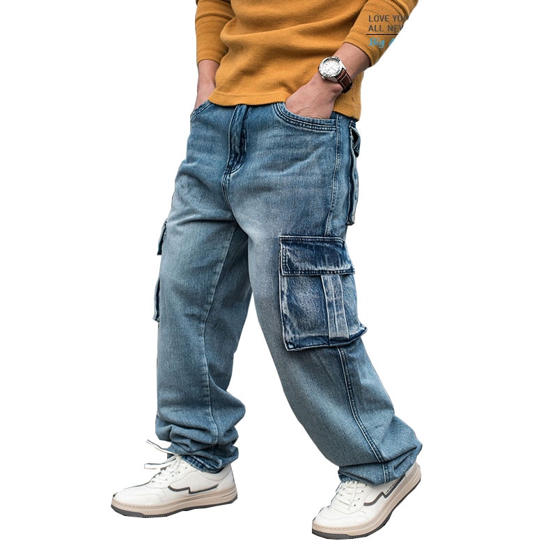 Men Cargo Loose Casual Jean Trousers Multi Pockets Skateboard Straight Denim Pants For Male Plus Size 30-46